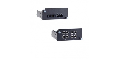 PM-7500-4GTXSFP: Gigabit Ethernet module with 4 100/1000BaseSFP slots or 4 100/1000BaseT(X) ports, compliant with IEC 61850-3, -40 to 85°C operating temperature
