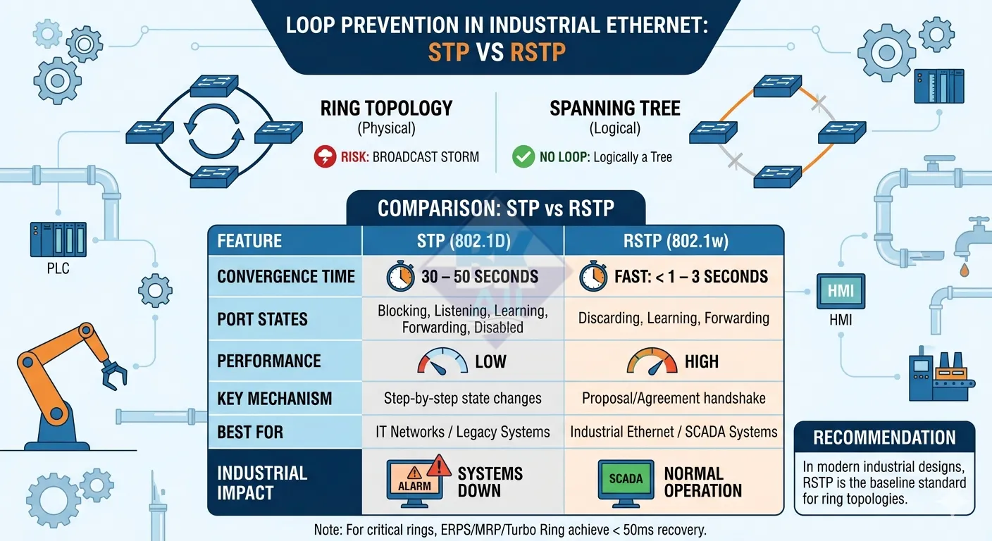 stp vs rstp co che chong loop ethernet cong nghiep