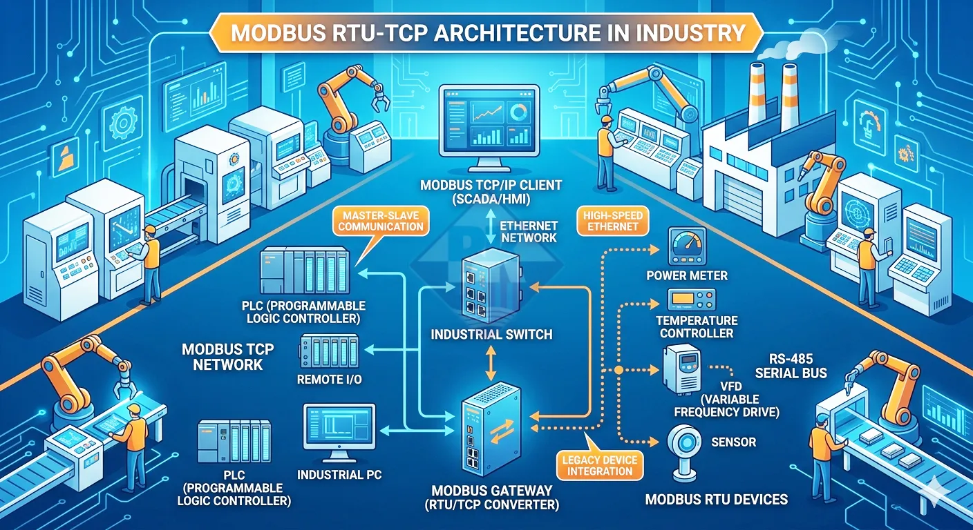 Kiến trúc hệ thống Modbus RTU TCP trong nhà máy với Modbus Gateway và mạng RS485